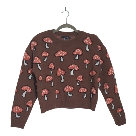 Forever 21 Medium Brown Knit Cropped Sweater with Mushroom Design Preppy Casual - Picture 2 of 6